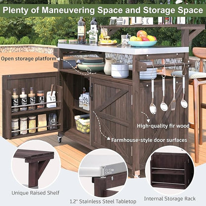 YOPTO 53.3" Outdoor Kitchen Island with Raised Shelf,Solid Wood Grill Cart,Stainless Steel Top,Adjustable Shelf,Spice Rack,Lockable Wheels,Brown