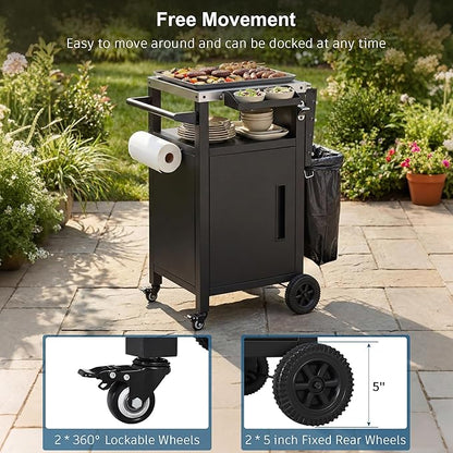 JIJIWANG 33.9" Outdoor Kitchen Island with Stainless Steel Top and Drop Leaf, Rolling Kitchen Cart on Wheels with Storage Cabinet and Spice & Paper Rack for BBQ Waterp, Black