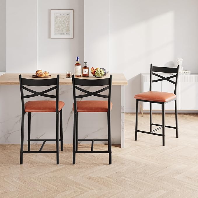Garvee Bar Stools Set of 4, Counter Height Bar Chairs with Back and Thick Cushion, Upholstered Dining Chairs with Padded Seat, Barstools for Kitchen Island, Bar, Dining Room, Modern Brown