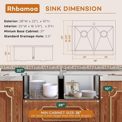Rhbamoa Double Farmhouse Sink 28 Inch,16-Gauge T304 Stainless Steel Drop In Farm Sink,50/50 Topmount Double Bowl Apron Front Farm Sinks,10 Inch Deep Workstation Sinks with All Accessories