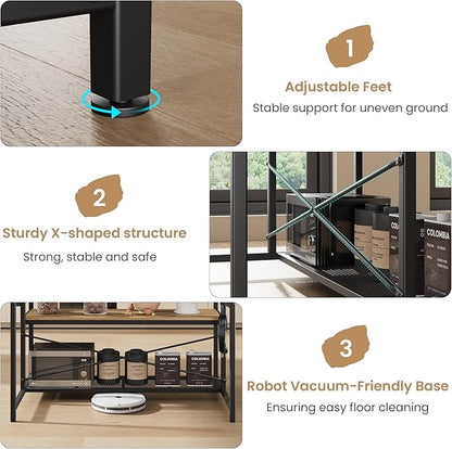 Garvee Kitchen Island with Power Outlet & 2 Bar Stools, Industrial Bakers Rack with 3-Tier Shelves & 5 Hooks, Microwave Stand Coffee Bar Table for Dining Room, Living Room, Apartment