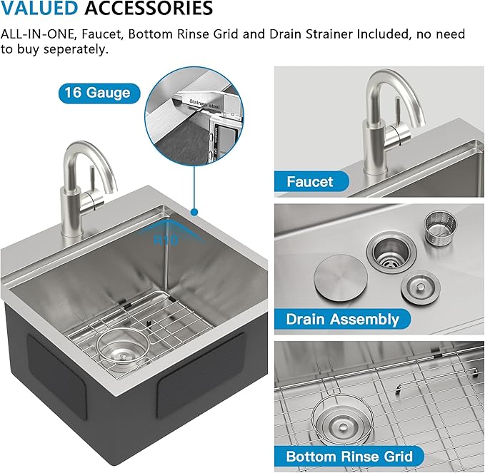 18"x18" Drop In Bar Prep Sink Workstation – 16 Gauge 304 Stainless Steel Top Mount Overmount Wet Bar RV Outdoor Kitchen Sink with Faucet