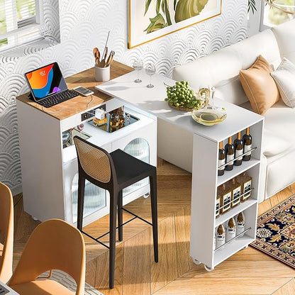 Modern Dining Table with Kitchen Island on Wheels Expandable Wood Table with Counter Console Living Room Luxury Decor,White-MDF