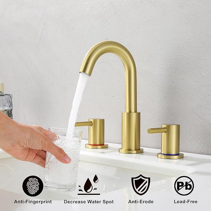 Bathroom Faucets for Sink 3 Hole, Brushed Gold Bathroom Faucet with Pop up Drain, Stainless Steel 2 Handle 8 Inch Widespread Gold Bathroom Sink Faucet for Vanity, AML-21754-BG