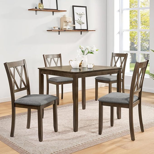 5-Piece Dining Table Set for 4 People, Wooden Kitchen Table and Chairs Set of 4, Farmhouse Rustic Style Dining Room Table Set for Kitchen and Dining, Dark Walnut