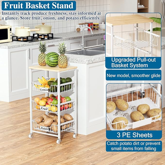 OKZEST 4-Tier Small Kitchen Storage Cart on Wheels with Pull-Out Drawers, Rolling Pantry and Snack Organizer Cart with Wood Top, Kitchen Floor Fruit Basket Stand for Fruit Potato Onion Veggie Snack