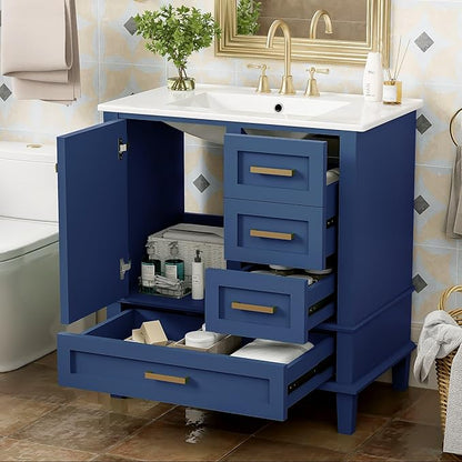 GDFStudio 30" Bathroom Vanity Sink Combo with 3 Drawers & 1 Soft Closing Door Floor Mount Freestanding Wood Bathroom Storage Cabinet Set with Ceramic Basin Sink Top for Small Bathroom Space, Blue