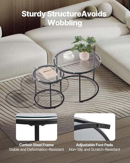 VEVOR Nesting Coffee Table Set of 2, 23.6 in Round Coffee Table, Glass Nesting Tables for Small Place, Modern End Side Tables Night Stand with Metal Frame, for Living Room, Bedroom, Balcony, Office