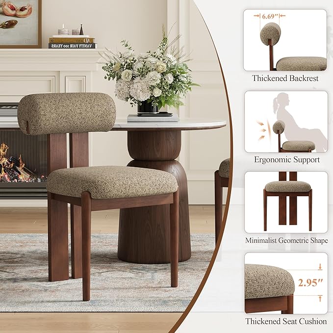 MALOL Modern Wooden Dining Chairs Set of 4, Upholstered Fabric Kitchen Chairs with Sculptural Backrest, Mid-Century Farmhouse Dining Room Chairs with Solid Wood Legs, Camel