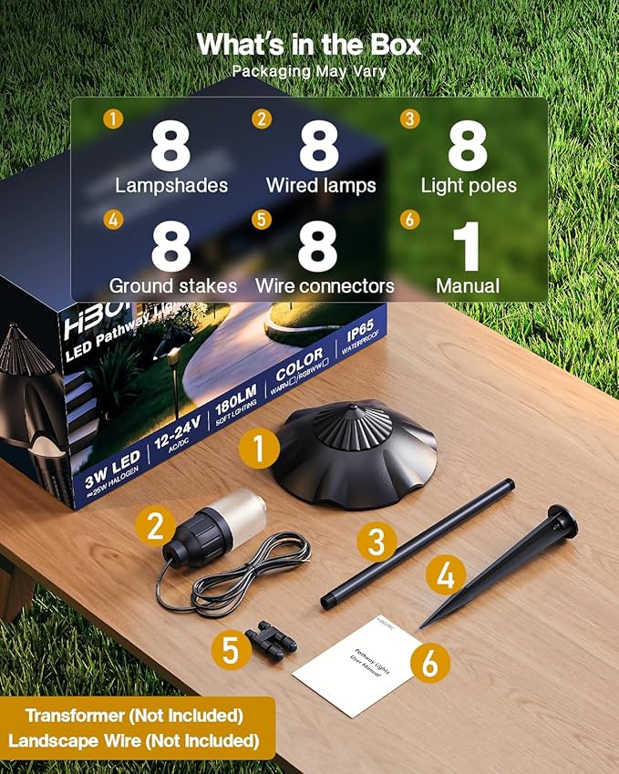 HIBOITEC 8-Pack Low Voltage Pathway Lights 3W 12-24V 2900K LED Landscape Path Lights 180LM CRI 90+ Outdoor Landscape Lighting Aluminum Waterproof Pathway Lighting for Walkway Yard Garden