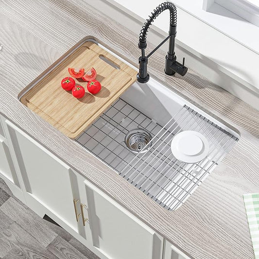 Miuara White Undermount Workstation Kitchen Sink 33 Inch - Large Topmount Fireclay Drop In Sink 33"x19"x10", Dual Mount Heavy Duty Deep Single Bowl, with 4 Custom Accessories, for Kitchen, Island