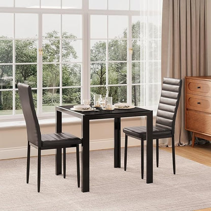 Gizoon 3 Piece Glass Dining Table Set, Kitchen and Chairs for 2, PU Leather Modern Room Sets for Home, Kitchen, Living Room