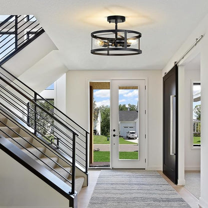 Farmhouse Semi Flush Mount Ceiling Light, 3-Light Black Metal Cage Rustic Chandelier, Industrial Pendant Lighting for Hallway, Bedroom, Kitchen, Foyer, Living Room, Dining Room, Entryway
