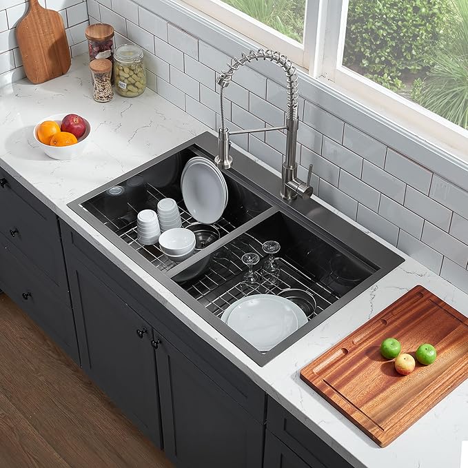 33x22 Double Bowl Kitchen Sink 33 Inch Black, Stainless Steel Drop in Double Basin Kitchen Sink, Topmonut 50/50 Kitchen Sinks Workstation Sink with Accessories