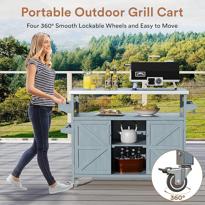Zevemomo Outdoor Grill Cart with Storage, Stainless Steel Tabletop Outdoor Kitchen Island, Fir Wood Outdoor Buffet Cabinet with Lockable Wheels for Grilling, Gray-Blue