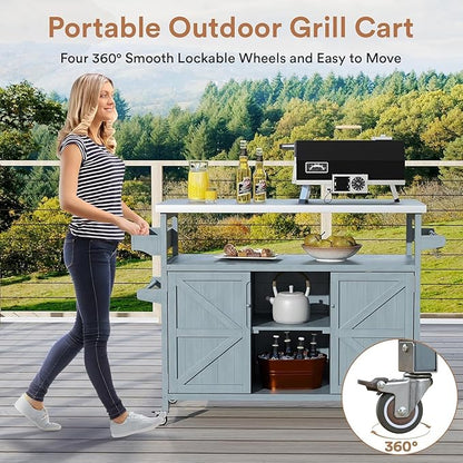 Zevemomo Outdoor Grill Cart with Storage, Stainless Steel Tabletop Outdoor Kitchen Island, Fir Wood Outdoor Buffet Cabinet with Lockable Wheels for Grilling, Gray-Blue
