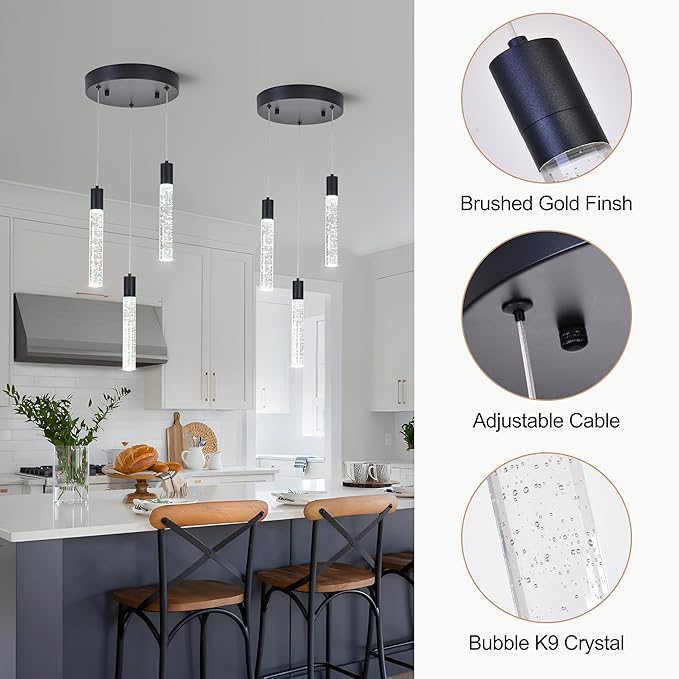 3 Light Pendant Lights Kitchen Island,Modern LED Bubble Crystal Pendants with Dimmable 3000K-6000K Ceiling Hanging Light Fixture for Dining Room Bedroom,Matte Black Finish,Adjustable Height 59"