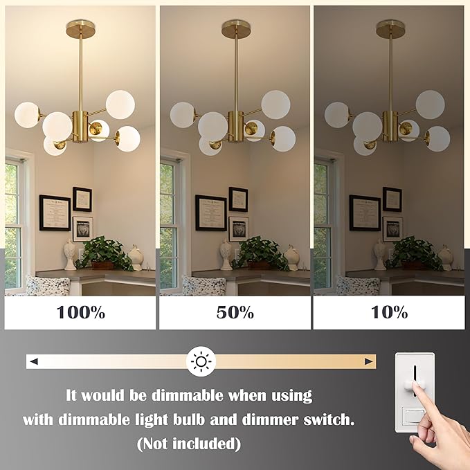 Bagood 6-Light Globe Sputnik Chandelier Milk Glass Modern Gold Chandelier Light Fixture Mid Century Sputnik Chandeliers Pendant Light Frosted Globe Adjustable Hanging Ceiling Light for Entryway