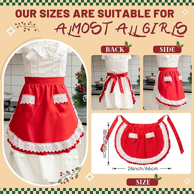 Geyoga Valentine Red Waist Aprons for Women with Pockets Kitchen Waitress Maid Apron Vintage Skirt Cute Ruffle Dress Costume