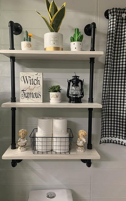 HDDFER White Floating Shelves 24 inch Pipe Wall Shelves Bathroom Shelves Over Toilet with Wood Planks Industrial Pipe Floating Shelves Farmhouse Bathroom Pipe Shelves Wall Mounted