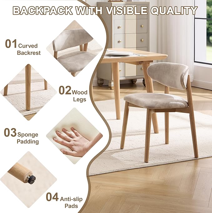 Upholstered Dining Chairs Set of 6, Velvet Fabric Kitchen & Dining Room Chairs with Solid Wood Legs, Modern Armless Side Chairs for Kitchen Island, Living Room, Restaurant (Beige, Set of 6)
