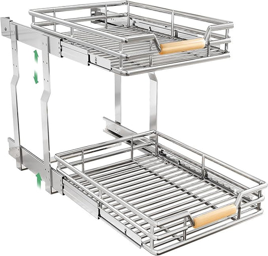 Pull out Cabinet Organizer, 2 Tiers 15"W X 21"D, Heavy Duty Smooth Sliding Under Cabinet Shelves for Pots and Pans, Full-Extension Roll out Drawers, Slide out Organization for Home Kitchen Pantry