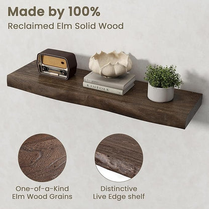 Fun Memories Floating Shelves for Wall Decor Set of 2-32 Inch Solid Elm Wood Live Edge - Rustic Walnut Wall Shelves with Invisible Brackets - for Living Room, Bedroom, Kitchen - Walnut Finish