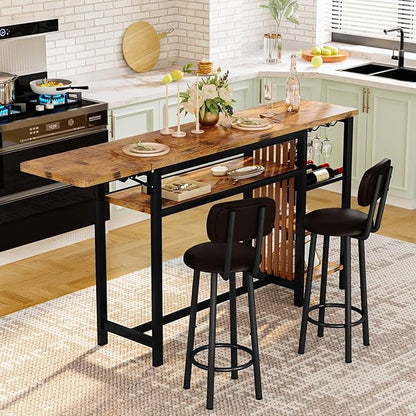 Recaceik 59" Bar Dining Table Set for 2, Bar Table and Chairs Set, Expandable Counter Height Dining Table Set, Small Kitchen Bar Table with Wine Racks & Storage, Breakfast Nook Set for Small Space