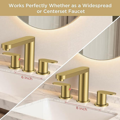 QFN Brushed Gold Bathroom Faucets 3 Hole, 8 inch Widespread Bathroom Faucet with Pop Up Drain and 24" cUPC Supply Hoses, Lead-Free Two Handles Suitable for 6-12 Inch RV, Restroom, Vanity Sink