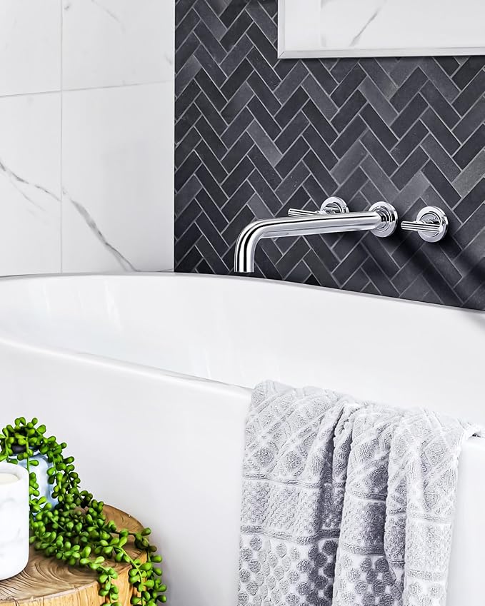 Wall Mount Tub Filler: WOWOW Chrome Bathtub Faucet Long Spout Reach, Bath Tub Filler Faucet 2 Handle Wall Mounted Bathtub Faucets with Brass Rough in Valve Included Wall Mounted Tub Faucet