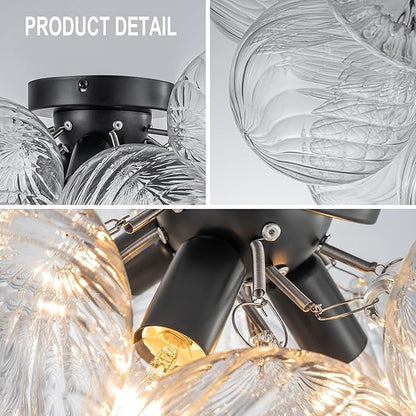 Semi Flush Mount Ceiling Light,Black Chandeliers for Living Room Modern Clear Swirled Glass Chandelier Dining Room Light Fixtures over Table 18.5" with 13 Globe for Foyer Bedroom Kitchen Island