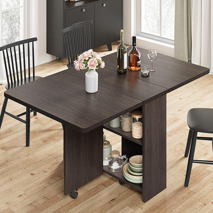 IDEALHOUSE FoldingTable, Drop Leaf Dining Table with 6 Wheels and 2-Layer Storage Shelf, Space Saving Table for Small Spaces (Dark Walnut, 47.2" D x 23.6" W x 29.5" H)