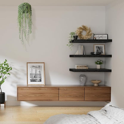 QEEIG 12" Deep Floating Shelves for Wall - 12 x 24 inch Book Shelf Bathroom Bedroom Kitchen Living Room Hanging Bookshelf Farmhouse Set of 3, Black (026-60B3)