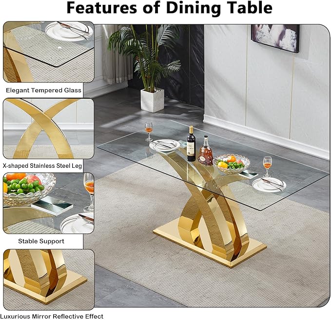 70" Glass Dining Table for 6-8, Modern Dining Room Table with 0.39" Tempered Glass Top and X-Shaped Gold Stainless Steel Base, Rectangle Kitchen Dinner Table