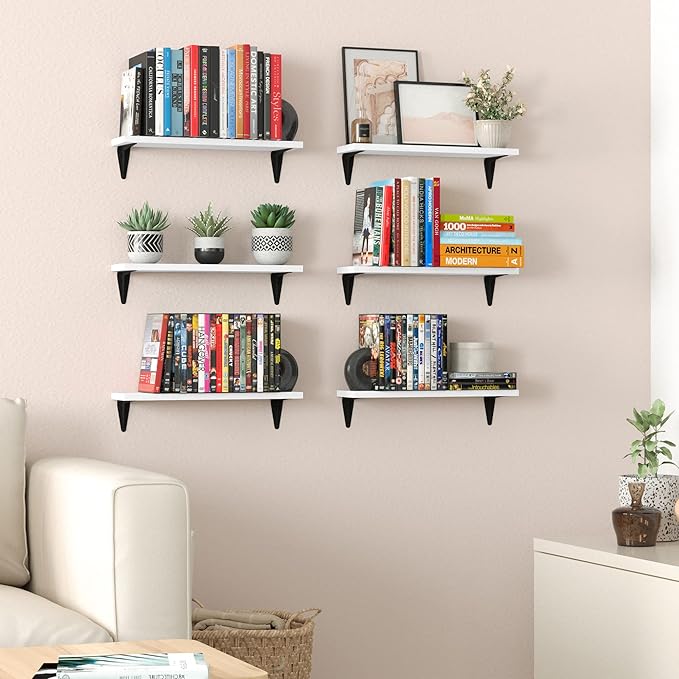 Wallniture Arras Wood Floating Shelves for Wall Storage, Small Bookshelf, Hanging Book Shelves for Living Room, Bedroom, Office, Burnt Finish, Set of 10 (White)