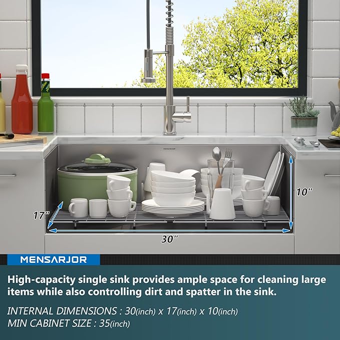 MENSARJOR Undermount Kitchen Sink, 304 Stainless Steel Round Corner Single Bowl Deep Kitchen Sinks, 10-inch Deep Large Bar Sink, 32"X19"Inch