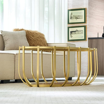 Saint Mossi Mid Century Modern Coffee Table, Glass Oavl Center Table for Living Room, Brown Glass Top and Walnut Shelf with Gold Finish Legs, D42xW23xH16