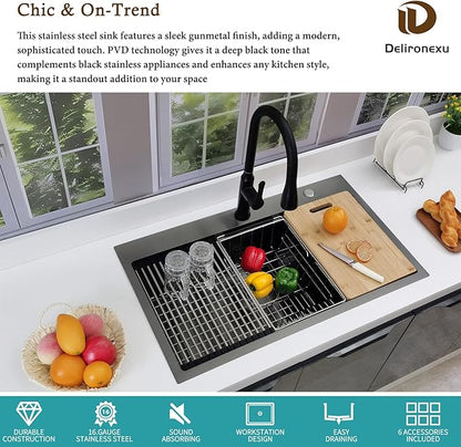 33x19 Black Kitchen Sink Drop In - 33 Inch Drop In Kitchen Sink Workstation, Black Stainless Steel Sinks, 16 Gauge Single Bowl Top Mount Workstation Sinks by Delironexu with 6 Accessories