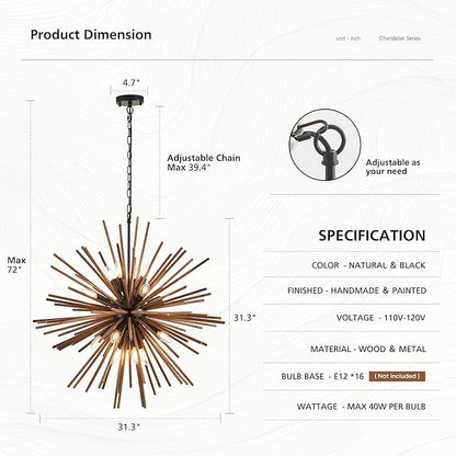 31.3" Farmhouse Sputnik Chandelier for Dining Room Rustic Handmade Natural Wood 16-Light Hanging Ceiling Pendant Light Fixture Starburst Wood Chandeliers for Kitchen Bedroom Foyer Hallway
