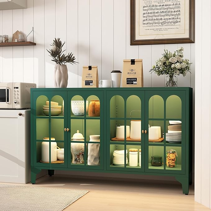 Foreate Sideboard Buffet Cabinet with Glass Door & LED Light, 53.2" Large Buffet Cabinet with Storage & Adjustable Shelf, Farmhouse Sideboard Credenzas Metal Kitchen Buffet, Green