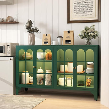 Foreate Sideboard Buffet Cabinet with Glass Door & LED Light, 53.2" Large Buffet Cabinet with Storage & Adjustable Shelf, Farmhouse Sideboard Credenzas Metal Kitchen Buffet, Green