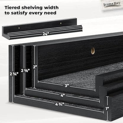 Icona Bay 24 Inch Floating Shelves for Wall - Set of 3 in Ebony Black - Modern Rustic Style - Wall Mounted Display Shelves - Picture Ledges
