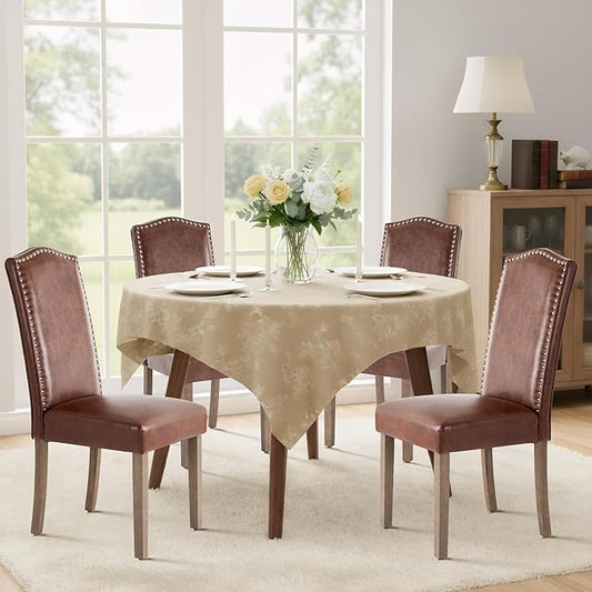 Upholstered Dining Chair Modern Stylish Parsons Kitchen Diner High Back with Silver Nailhead Trim & Wood Legs, Set of 4, PU Leather Light Brown