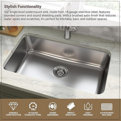 MSI 30 Inch Undermount Single Bowl 18 Gauge Stainless Steel Kitchen Bar Sink and Strainer
