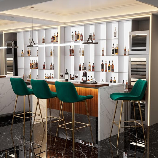 Modern Bar Table and Bar Stools Set, Marble-Look Counter Table with Wood Accent Top & Green Velvet Bar Chairs Set of 4 with Gold Legs, Kitchen Island Pub Table Set for Home Bar, Dining Room