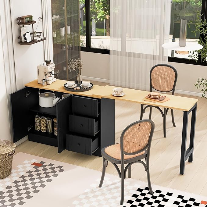 JIJIWANG 89.7'' Wooden Sideboard with Extendable Table,Multifunctional Storage Kitchen Island with 2 Doors and 3 Drawers,for Living Room,Study,Foyer and Kitchen, Black+Natural