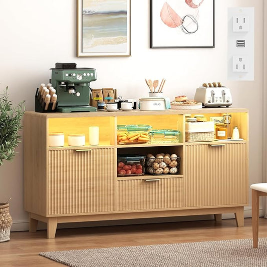 58" Coffee Bar Cabinet with Storage and Drawers, Large Sideboard Buffet Cabinet with Charging Station, Adjustable Lighting, 2 Doors and Open Shelves, Fluted Panel, Natural Oak
