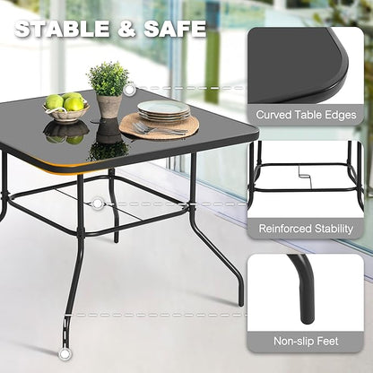 NUU GARDEN 31.5'' Square Outdoor Table, Patio Table with Umbrella Hole, Patio Dining Table with Tempered Glass, Outdoor Dining Tables, Square Patio Table for Balcony, Backyard, Poolside,Black