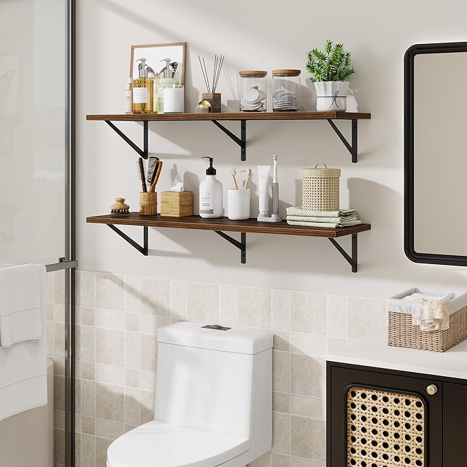 Acovy Floating Shelves for Wall,40" Wall Mounted Shelves Set of 2,Long Wood Floating Shelves,Hanging Wide Display & Storage Shelf with Metal Brackets for Bathroom,Bedroom,Kitchen,Living Room,Walnut