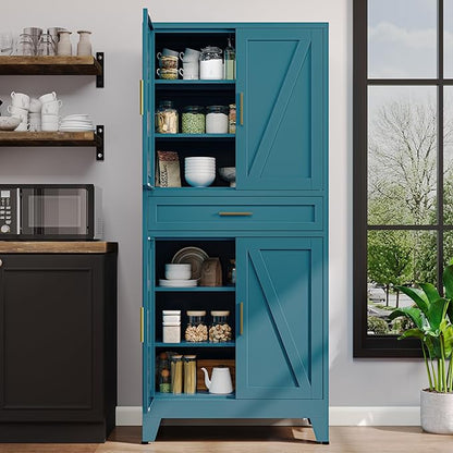 71"H Metal Kitchen Pantry Cabinet with Drawers,Blue Kitchen Storage Cabinets with Doors,Farmhouse Pantry Food Storage Cabinets,Tall Pantry Cabinets,Large Freestanding Cabinets for Dining Room